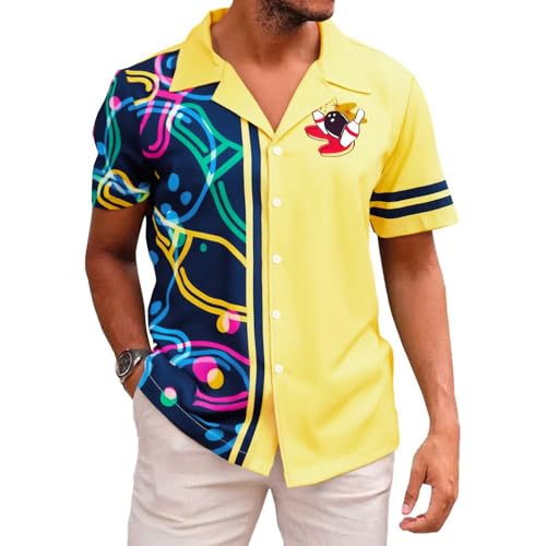 Hawaiian Bowling Shirts Men Retro Funny Sport Bowler Shirt Beach Summer Tee Tropical Vacation Button
