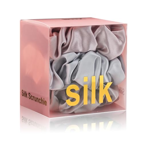 Silk Scrunchies for Hair 100% Mulberry Silk Hair Ties（Silver gray, Dark gray, Pink）