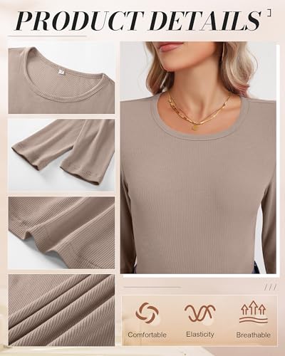 Ficerd 3 Pack Women's Ribbed Long Sleeve Tops, Crew Neck Slim Fit Undershirts Knit Basic Casual Stretch Layering Tee Shirts4