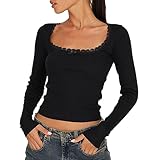 Fairy Grunge Y2k Lace Patchwork Trim Shirts Long Sleeve Vintage Aesthetic Sexy Slim Fit Square Neck Crop Tops Women Tight Fitted Cropped Tees (Black Square Neck, S)