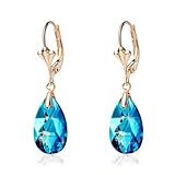 Austrian Crystal Teardrop Leverback Dangle Earrings for Women Fashion 14K Gold Plated Hypoallergenic Jewelry (Bermuda Blue)