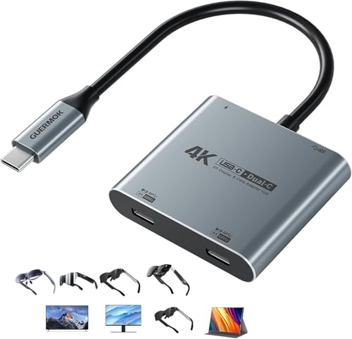 Guermok 4-in-1 Dual USB-C Display-Hub 4K@60Hz Videoausgabe PD 100W Eingang & USB 3.0 5Gbit/s kompatibel mit AR-Brillen Switch 2 Laptops tragbaren Monitoren & Type-C-Displays (Silber)