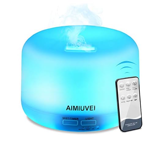Humidificador Aromaterapia Ultrasónico con Control Remoto, AIMIUVEI Difusor de Aceites Esenciales 300ml，Difusor Aroma de Vapor Frío con 7 Colores de LED y 2 Opciones de Niebla para Bebé Yoga Oficina