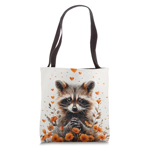 Raccoon Flowers With Hearts Around Boho Style Graphic Tote Bag