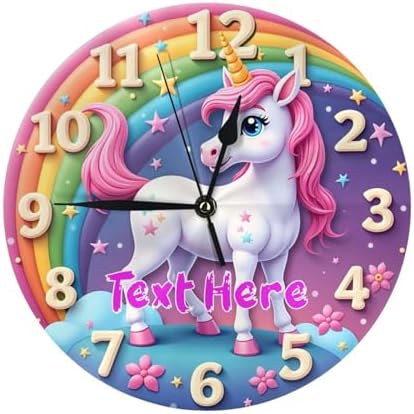 Custom Cute Unicorn Rainbow Wall Clock for Kids Room, Personalize...