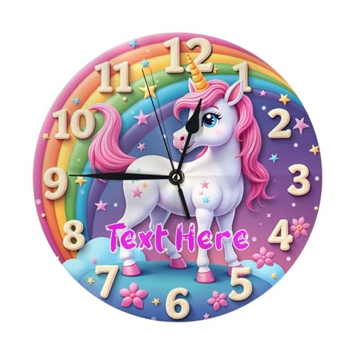 SUQINFA Personalized Cute Unicorn Rainbow Wall Clock for Kids Room Decor