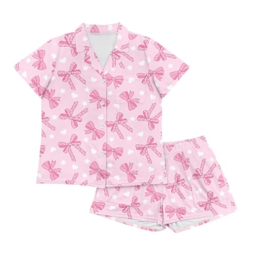 Image of Renewold Button Down Womens Pajama Set Short Sleeve Loungewear Bow Nightwear Sleepwear Night Suit Tops Shorts 2 Pieces