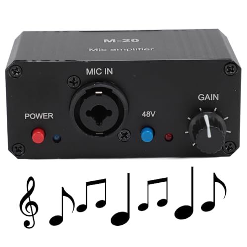 Microphone Preamp, High Gain Rechargeable Mic Booster with 2 Input, 48V Power, XLR Output, Low Noise, for Dynamic and Condenser Microphones
