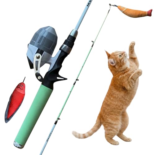 Meowy Cat Wand Toy – Cat Fishing Pole Toy with Reel The Cat Fish Fishing Rod, Telescopic Fiberglass Interactive Teaser Wand for Indoor Cats with Catnip Dental Mesh Attachments