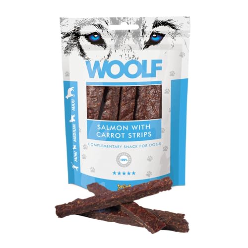 WOOLF Salmon with Carrot Strips – Complementary Snacks for Dogs. Dog Treats with All-Natural Ingredients, High Meat Content, Free from Artificial Additives. Suitable for Dogs (100g)
