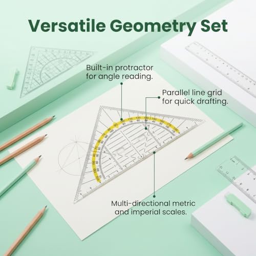 Geometrie Lineal Set 4-teilig für Schule Büro - Inklusive 20.8cm Geodreieck mit Griff, transparentes Dreieck, 20cm 15cm Lineal - Präzises Zeichenzubehör für Schüler, Studenten und Designer
