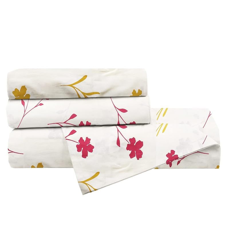 Image of Bedsheet Bed with 2 Pillow Covers 100% Cotton 144 TC |Chadar - Flat Sheet with 2 Pillow Covers - Royal Red Flower Double