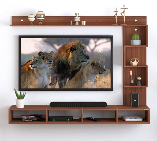Image of Anikaa Kasey LED Light Wall Mount TV Unit Engineered Wood TV Cabinet Wall TV Stand for Living Room- (Walnut) (Ideal for 55 Inch)(D.I.Y)