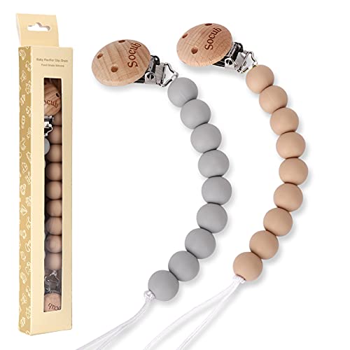 Image of Socub Silicone Baby Pacifier Clip, Pacifier Holder Fit Any Brand Pacifier, BPA Free, Best Newborn Shower Gift for Boy and Girl (Sand, Light Grey)