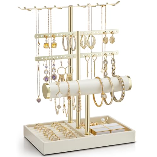 Vlando 3 Tier Jewelry Stand Organizer with Tary, Leather Jewelry Holder Display for Women, Gold Jewlery Holder Display for Necklace, Earring, Bracelet, Rings - Cloud White B. Cloud White 3-L