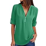 Womens Zip V Neck Chiffon Blouse Cuffed Pleated Shirts Half Zip up Casual Tunic Shirts Half Zip up Casual Solid Loose Top