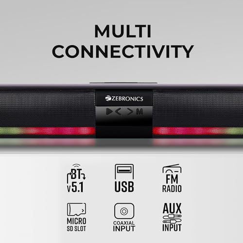 Image of Zebronics Ace Plus Wireless Soundbar with 30W Output, Dual Passive Radiator, RGB Lights,Built-in Rechargeable Battery, Bluetooth 5.1,Coaxial Input, AUX, FM Radio, USB, mSD, TWS Function