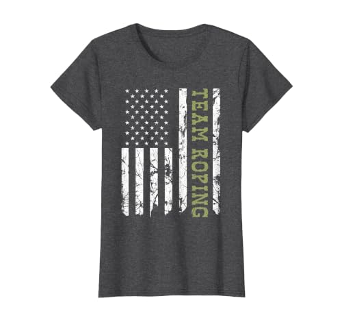 Team Roping Rodeo Vintage American Flag, 4th of July Cowboy T-Shirt, Women, Dark Heather Grey, X-Large