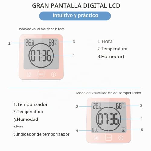 Miniatura 3 de Vorrinc Reloj De Baño, Despertador Digital, Temperatura Humedad Reloj Digital Reloj Temporizador, Alarma Impermeable Temporizador De Cuenta Regresiva, Lcd Control Táctil, Para Baño De Cocina Rosa