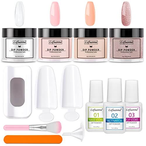 Lofuanna Dip Powder Nail Kit Starter-4 Colors Clear Pink Nude Glitter Pink Dipping Powder with Base&Top Coat&Activator,No UV/LED Needed,All-in-One DIY French Nail Art Manicure Set for Beginners