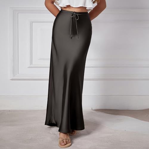 Long Silk Skirt Women's Spring Summer Satin Silk High Waist Drawstring Ruffle A Line Maxi Skirt3