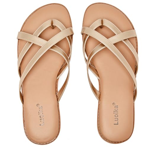 Image of Luoika Women's Wide Width Flat Sandals, Flip Flop Slides Sandal Casual Strapy Sandal Slip on Summer Beach Shoes for Women.