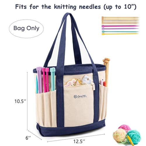 Image of MYBAGZING Canvas Yarn Storage Organizer Bag Washable Crochet Bag with Pockets for Yarn, Hooks, Needles - Travel Knitting Tote for Crafters - Gift for Crocheters & Knitters (Medium /Large)