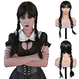 PHOCAS Long Black Braided Wigs with Bangs for Family Party Cosplay Hair Wig for Halloween Costume