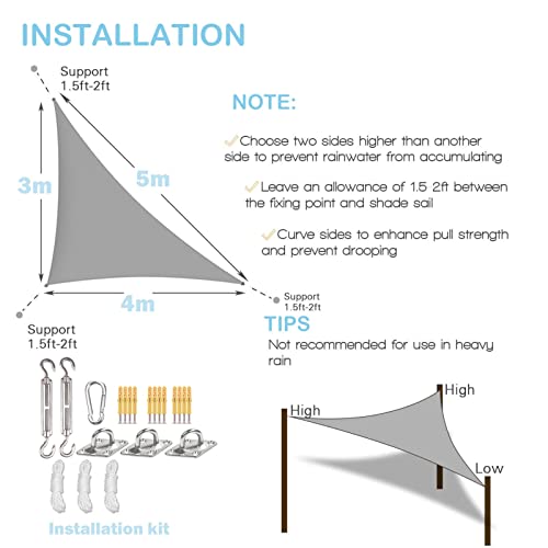 Sunal Triangle Sun Shade Sail 10'x13'x16',with Installation Fixing Kit,Outdoor Waterproof Shade Sail,95% UV Blocking Garden Sun Sail Shade,PES Polyester Waterproof Incl Fixing Rope,Awning shade sailfor Balconies, Terraces, and Gardens by sunal - Image 5