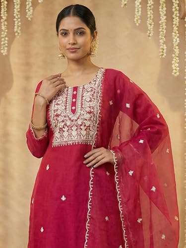 Image of INDO ERA Women's Silk Blend Floral Embroidered Thread Work Straight Kurta & Pant with Dupatta Set | Kurti Set