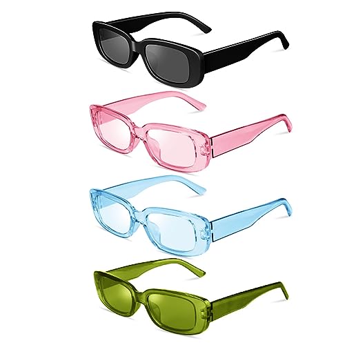 Ainiv 4 Stück Vintage Rechteckige Sonnenbrille, 90er Retro Sonnenbrillen, Modische Retro-Brille mit quadratischem Rahmen, UV400 Sonnenschutz und UV-Schutz, Trendy Brille für Damen Herren