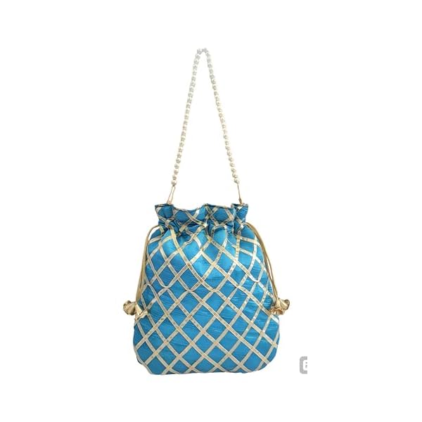 DUCHESS Women's Gota Patti Blue Potli Bag Purse with Pearl Handle (Pack of 2) - Image 6