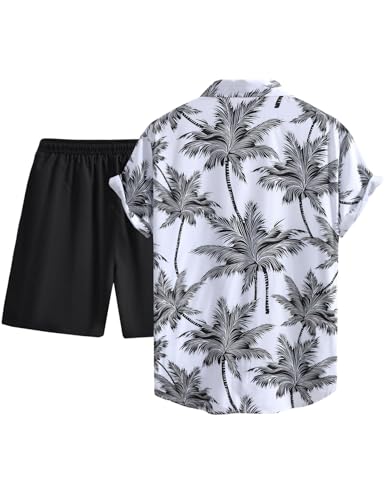 Image of Yimoon Men's Summer 2 Piece Outfits Tropical Print Short Sleeve Button Down Hawaiian Beach Shirt and Shorts Set