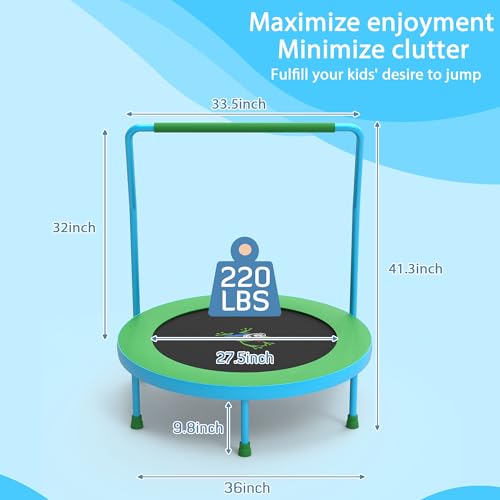 3FT Foldable Kids Trampoline, 36'' Indoor & Outdoor Mini Trampoline for Toddlers, Max Capacity 220 LBS, Adjustable Handlebar, Quiet & Safe Design