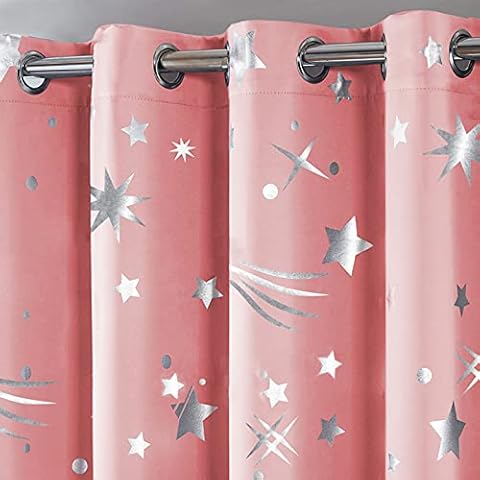 Noah's Linen Stars Thermal Blackout Curtain Pair Eyelet Ring Top Including Tie Backs Kids Metallic Shinning Stars(Blush Pink, 46 x 54) Cover