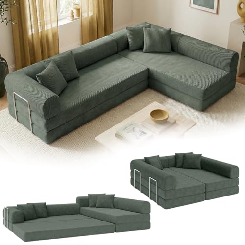 skølm Lofn Ecksofa 4 Sitzer – Wohnlandschaft L-Form Cord – Klappsofa 300cm breit Dunkelgrün – ausklappbar zum Schlafsofa, Bodensofa – Vollschaum Sofa mit 4 Kissen & Stahlgestell – Cloud Couch boneless