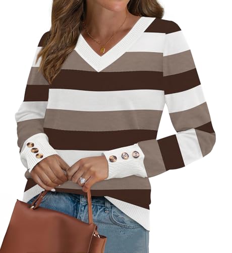 Image of WIHOLL Lightweight Sweaters for Women Long Sleeve V Neck Knit Outfits with Decorative Buttons