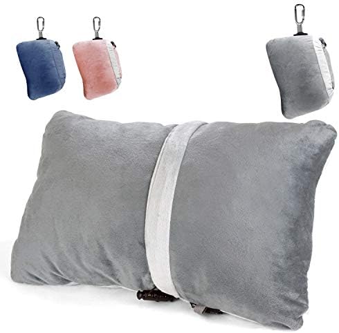 Compact Travel Pillow Made with Shredded Memory Foam and Super Soft Fleece Fabric for Ultimate Comfort in Travel. Patented Design Rolls and Compacts Small for Travel. (Grey)