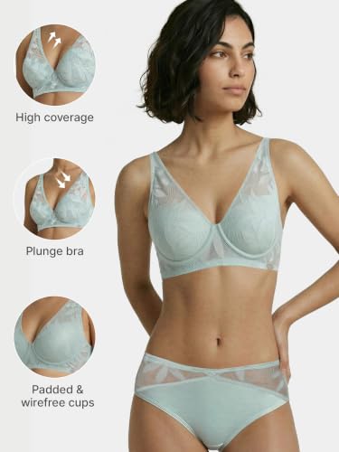 Image of Enamor Bamboo Cotton IB25, Women's Lace Plunge Bra - 3X Softer, 4X More Absorbent, Antimicrobial, Padded, Wirefree, High Coverage