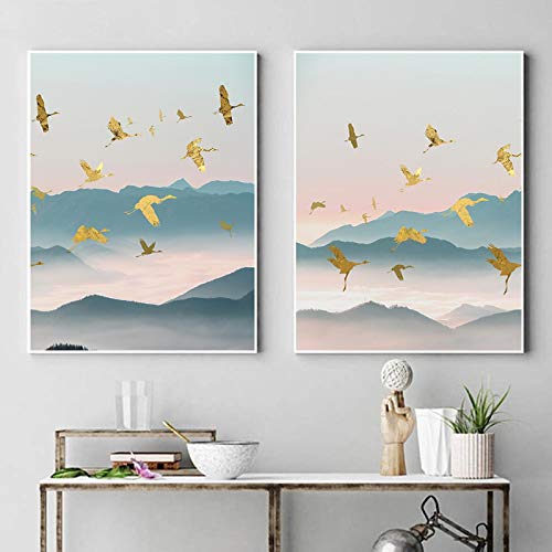 Impression toile art abstrait de qualité supérieure avec oiseaux d'or modernes 50x70cm