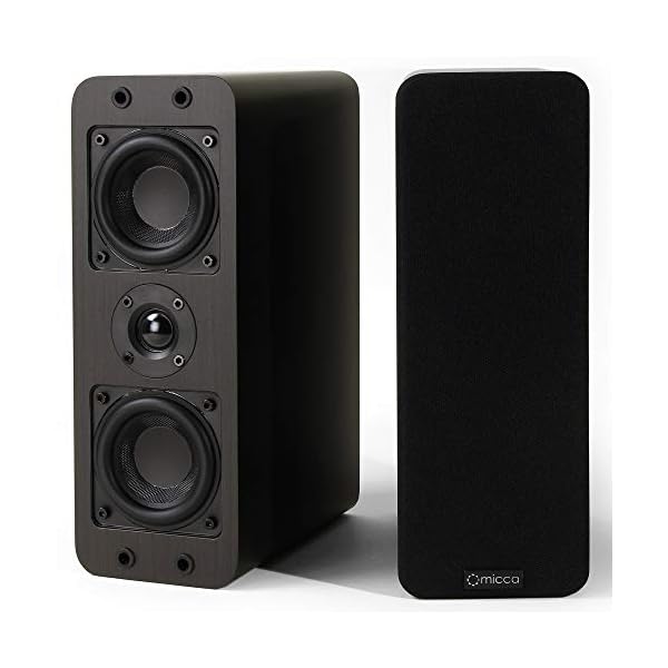 Micca OoO Passive Slim Bookshelf Speakers with 3-Inch Woofers and Silk Tweeter, Thin Design Under 4″ Wide, for Desktop Stereo or Home Theater Surround Sound, Wall Mountable, Pair, Dark Walnut