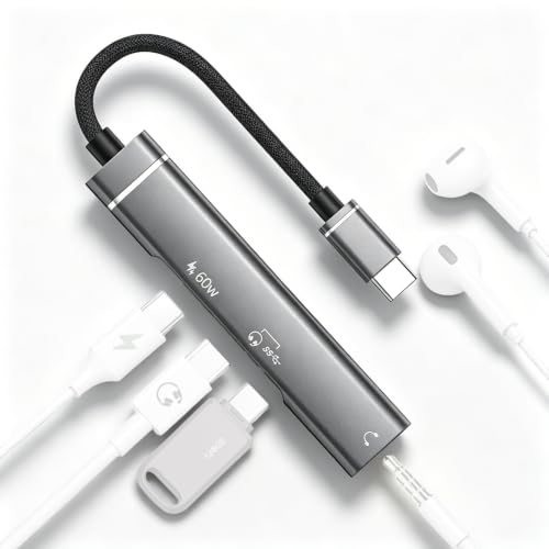 Image of ZORBES USB-C to 3.5mm DAC Audio Adapter, 60W PD Charging | Headphone and Charging Connections, USB DAC Audio Conversion, Data Transfer Support, Splitter Format for Tablets and Laptops