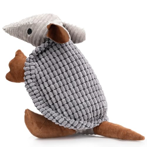 Image of Hollypet Plush Dog Squeaky Toy Stuffed Armadillo Animal Pet Puppy Chew Toys with Clean Teeth for Small Medium Large All Breed Sizes Dogs, Dark Gray, 10 in
