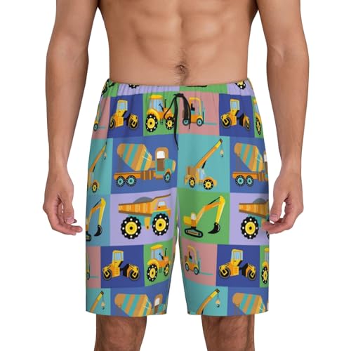 Construction Machinery Print Men’s Sleep Shorts Bottoms Soft Comfy Pajama Wear Pants With Drawstring Pockets