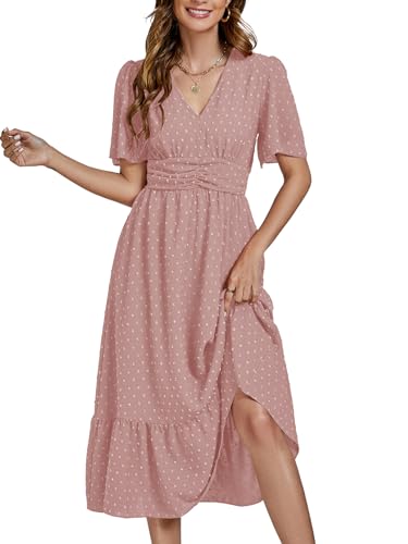 Image of LYANER Women's Boho Maxi Dress Long Sleeve V Neck Swiss Dot High Waited A-Line Ruffle Tiered Chiffon Long Dresses