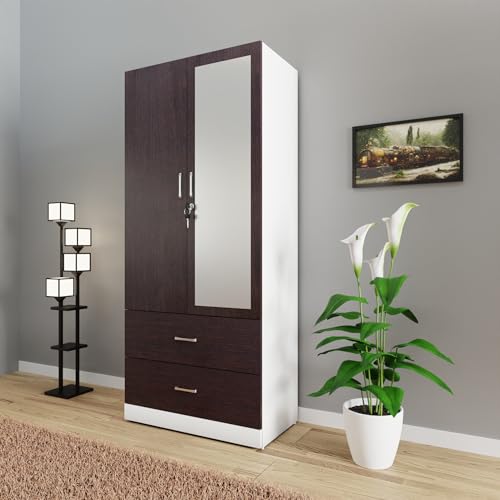 Image of VIKI Wardrobe | Wooden Almirah for Clothes,Door for Bedroom, 2 Door Wardrobe with Drawer, Mirror & Hanging Space (White & Wenge - 40D x 80W x 180H) | 1 Year Warranty | Free Assembly