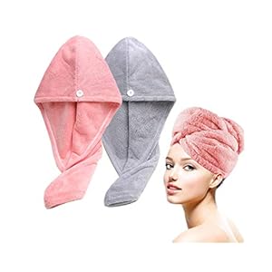 Lumimi Set van 2 haartulband, hoofdhanddoek van microvezel, extra absorberend, sneldrogend, pluizig, knoopsluiting, roze-grijs