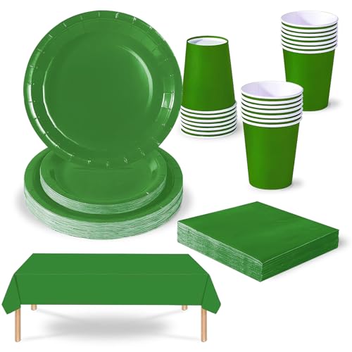69 piezas Verde Platos Desechable Juego de Vajilla Desechable Decoración Cumpleaños Fiesta,Platos Servilletas Copa de Papel y Mantel,para Bodas,Picnics,Baby Shower,Biodegradable,Compostables