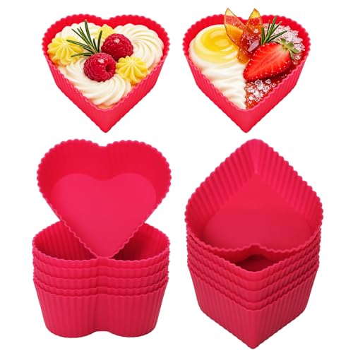 Silicone Baking Cups Cupcake Liners Non-Stick Muffin Liner Molds 12pcs Heart Shaped 2.9 Inch Mini Pastry Liner for Valentines Day Anniversary Wedding Birthday Party