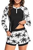 Black Palm Tree Long Sleeve Rash Guard for Women - 2 Piece Swimsuit with Shorts Zip Up Swim Shirt with Built-in Bra S